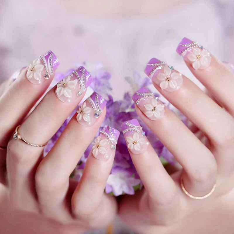 24pcs Pink Nude False Fake Nails Gradeint Natrual Press on Daily Office Finger Wear UV Nails Natural Flower Carved Fake Nails