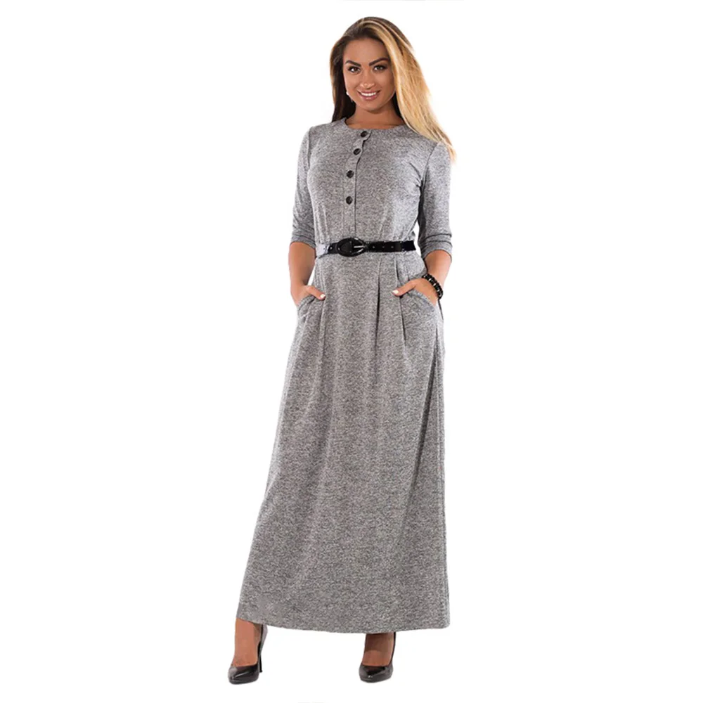 

2019 Dress Women Autumn/winter Large Size Dress Fashion Elegant Solid Color Long-sleeved High Waist Dress O-neck Women Clothes