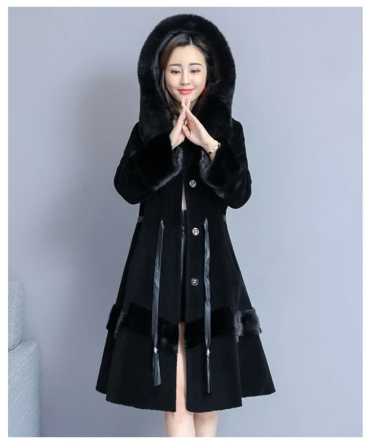 Женское пальто из овечьей шерсти, новинка, зимнее пальто большого размера с воротником из лисьего меха, повседневное пальто средней длины с капюшоном, кожаные меховые толстые куртки