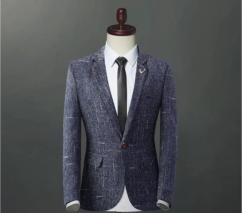 MOGU Stylish New Men's Jacket Suit Fashion Men's Single Button Silm Jacket Turn-down Collar Solid Casual Blazer Pl - Цвет: Синий