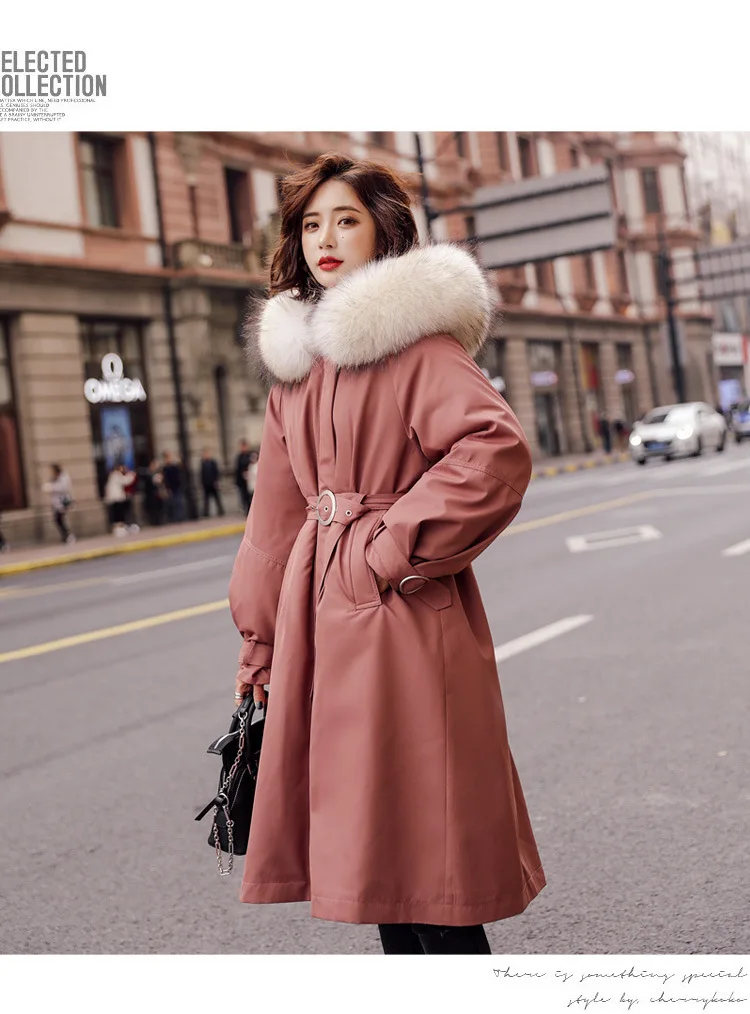Winter Mid-length over-the-Knee Hooded Thick down Jacket Korean-style Waist Hugging Lace-up Loose-Fit Down Jacket Women's