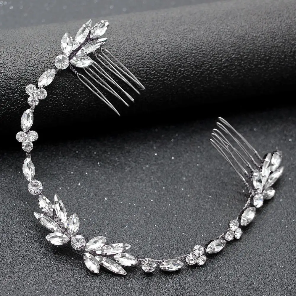 Silver 1 Серебряная свадебная тиара с кристаллами, повязка на голову, украшенная бусинами, цветами, на выпускной, Свадебная лента для волос, золотой лист, жемчуг, головной убор невесты для женщин, ювелирные изделия для волос - Окраска металла: Silver 1