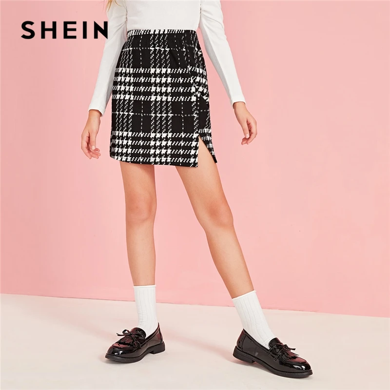 SHEIN/Детская Повседневная мини-юбка в черно-белую клетку с разрезом на подоле, детские штаны, осенние прямые юбки с высокой талией для подростков