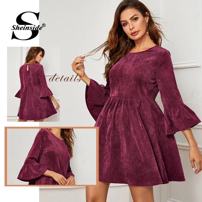 Sheinside, повседневное вельветовое платье с рукавом 3/4, для женщин,, осеннее платье трапециевидной формы с рукавами-воланами, Дамское Платье с пуговицами на спине