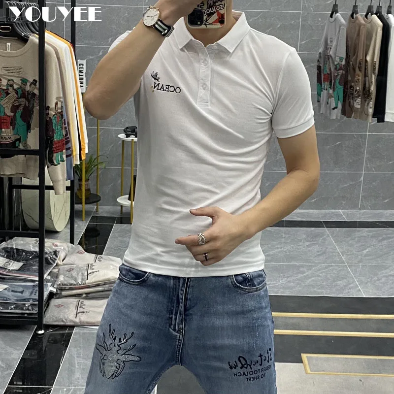 Polo T-shirt lettera maschile ancora ricamata Slim Fit moda 2021 estate nuove felpe Casual risvolto Tee cotone abbigliamento uomo - immagine 3