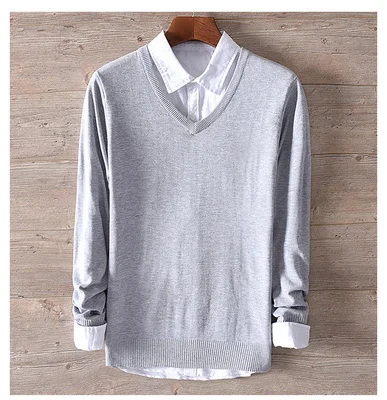 gray Men Spring Autumn Fashion Korea Style Solid Color Chicken Heart V-neck Cotton Sweater Male Casual Thin Pullover Knitted Sweaters - Цвет: gray