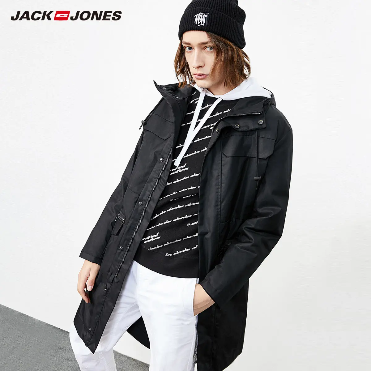 Jack Jones зимняя мужская длинная куртка с капюшоном из хлопка | 218409507 - Цвет: Black