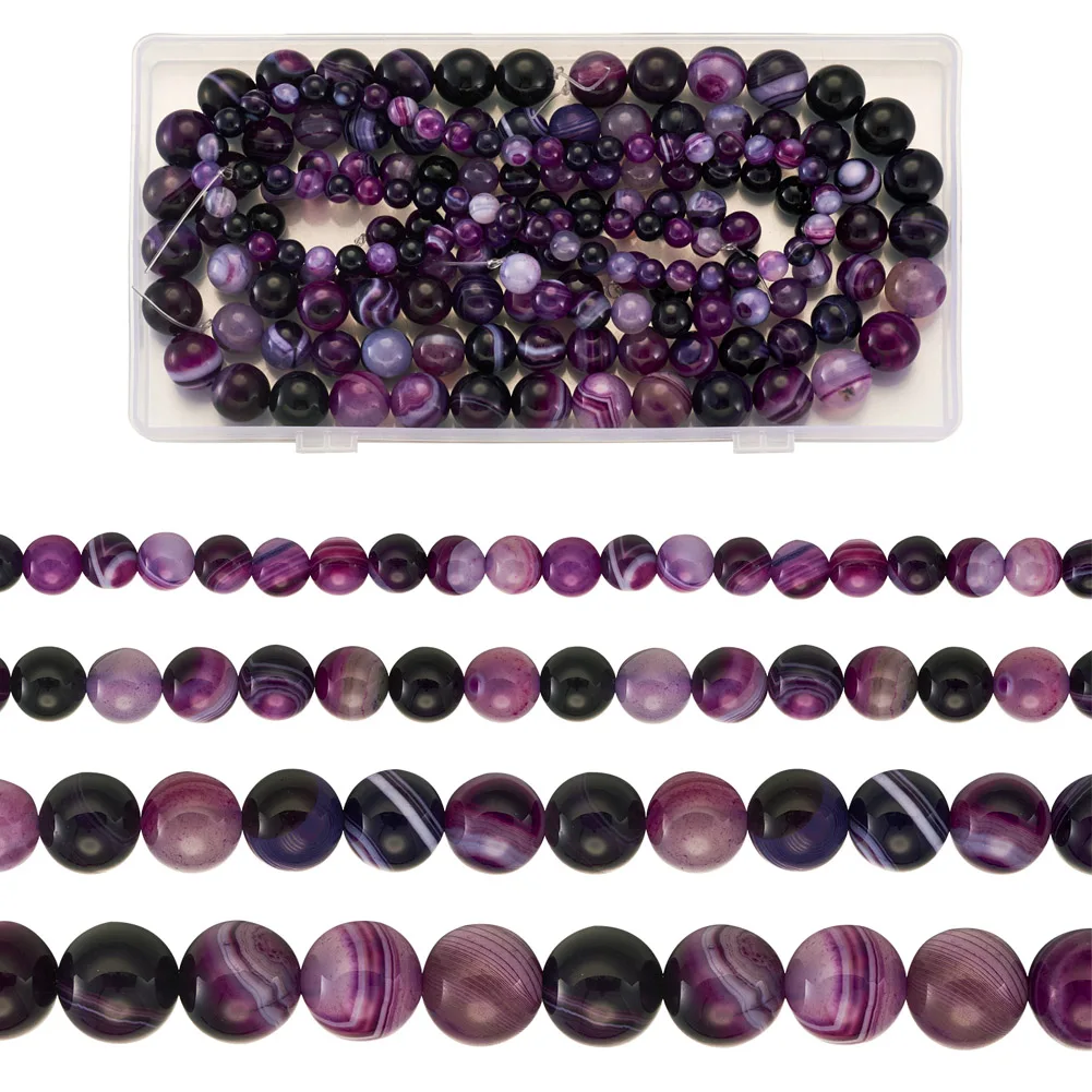 

4 Strands 4 Styles Natural Striped Agate/Banded Agate Bead Strands Round Dyed Heated Grade A Purple 1strand/style