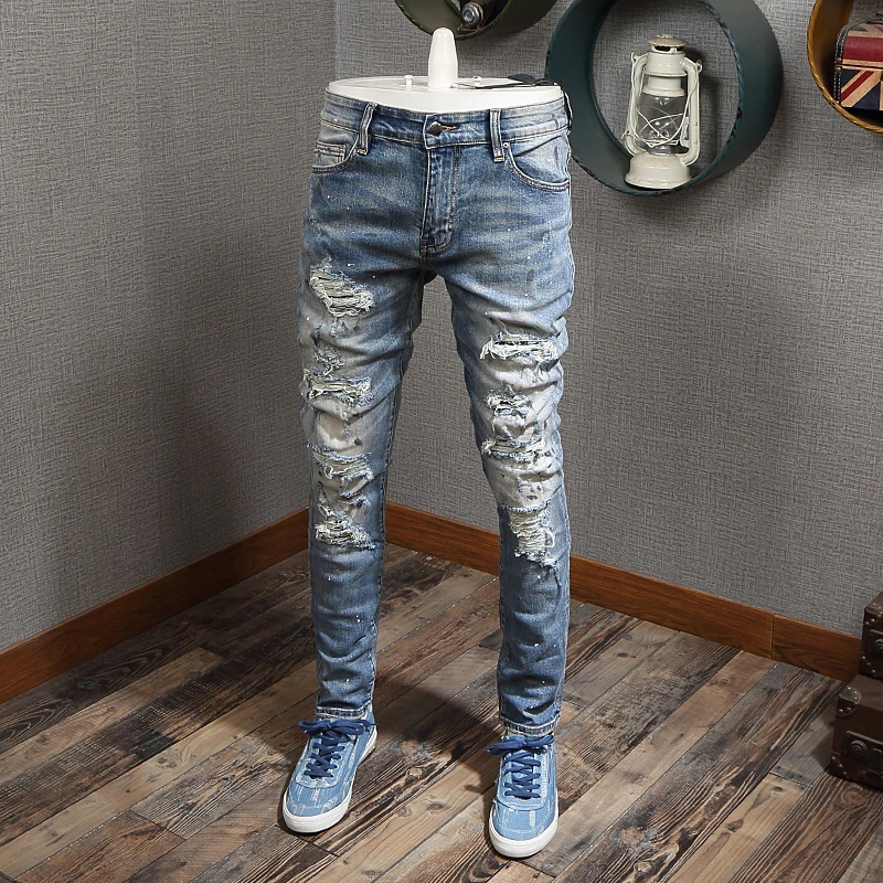 vaqueros rasgados pintados en azul claro para hombre, Jeans de moda de alta Calle, estilo Punk, de diseñador de marca, Hip Hop|Pantalones vaqueros| - AliExpress
