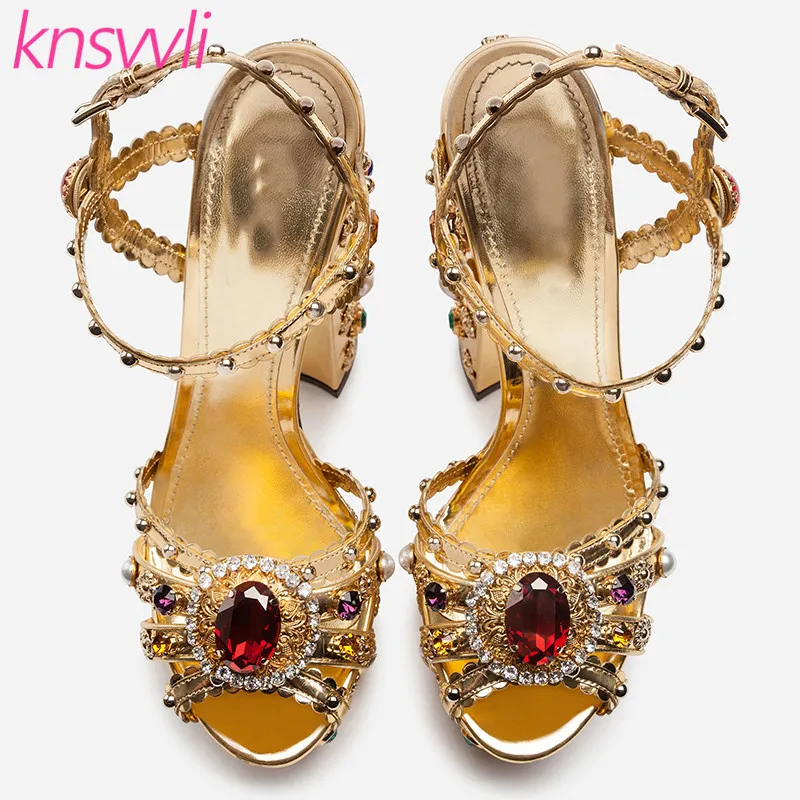 Женские сандалии со стразами на платформе; обувь на высоком массивном каблуке с золотыми шипами; обувь для свадебной вечеринки; Летние сандалии-гладиаторы; sandalias mujer