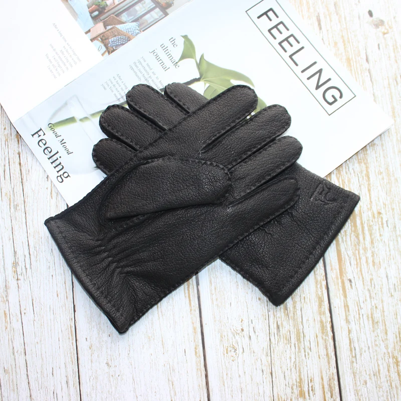 Men's new deerskin gloves hand-stitched fashion ripple wool knitted lining gloves to keep warm driving leather gloves best men's leather gloves for winter