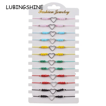 12pcs/lot Stainless Steel Fatima Hand Heart Charms Bracelet Set for Couples Women Adjustable String Crytal Bead Anklet Jewelry