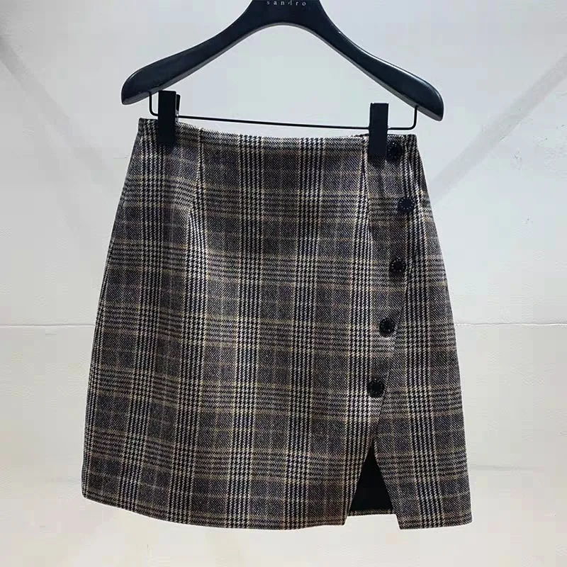 Only skirt Женский клетчатый костюм Блейзер на одной пуговице женский офисный жакет и пальто или осенне-зимняя юбка с разрезом и боковыми пуговицами - Цвет: Only skirt
