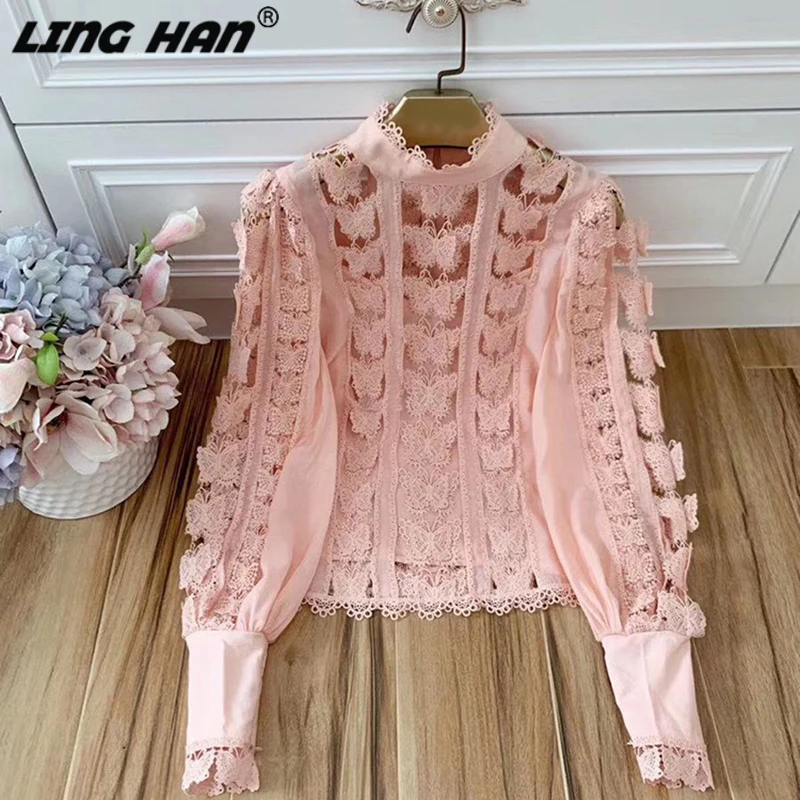 

LINGHAN Vacation Stereo butterfly Shirts Sexy Hollow Out Lantern Sleeve Stand Blouse Female Designer Brand