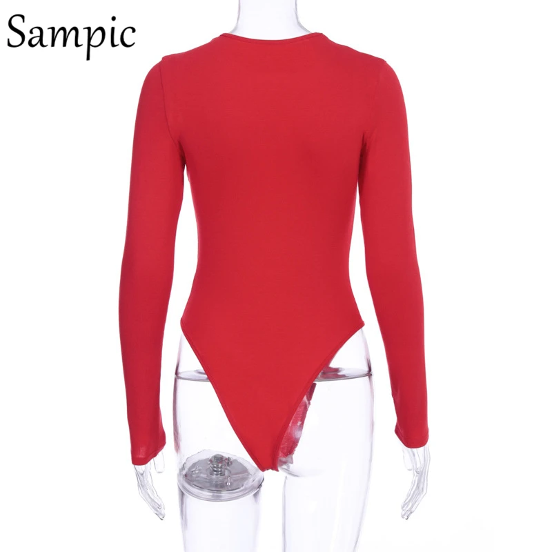 Sampic Повседневная облегающая модная одежда женские черные красные боди Топы с длинным рукавом теплые с круглым вырезом короткие комбинезоны осень зима