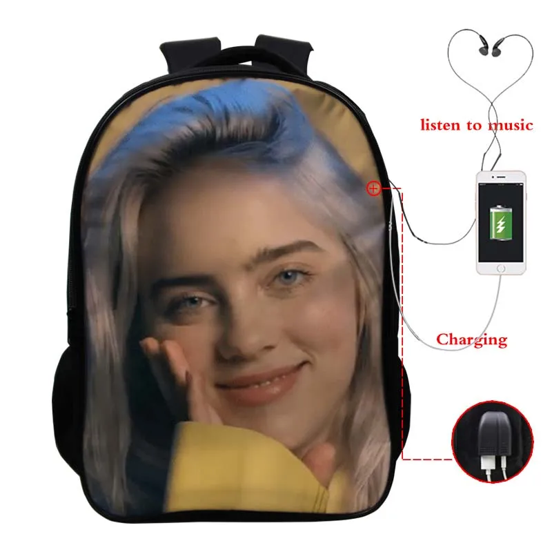 Высокое качество Billie Eilish USB зарядка рюкзак для мужчин и женщин мальчиков и девочек подростков рюкзак usb зарядка школьный рюкзак модная сумка