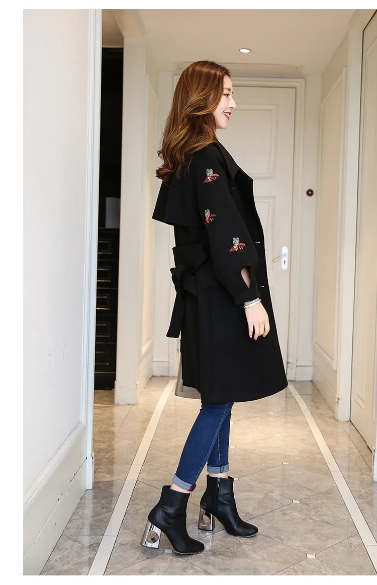 Шерстяное пальто с вышивкой пчелы, Женское пальто средней длины в Корейском стиле, стиль, осенняя и зимняя одежда, приталенная, элегантная Wo