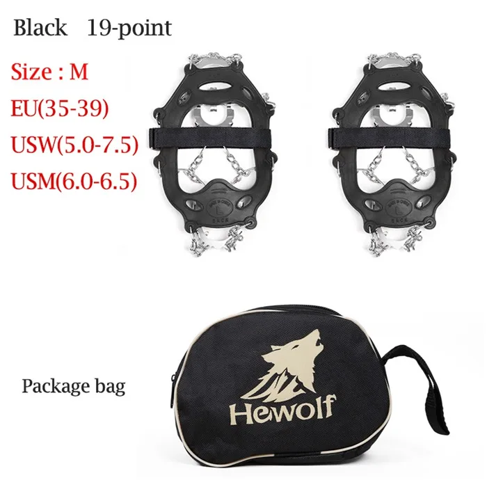 M-Black-19-point Нескользящие шипы для льда из нержавеющей стали противоскользящие зимние прогулочные Захваты Снежная обувь с цепным покрытием для походов аксессуары для альпинизма - Цвет: M-Black-19-point