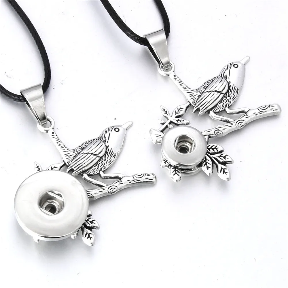 

New 12MM 18MM Snap Button Pendant Bird in the Tree Necklace Chain Fashion Vintage Snap Jewelry For Women Girls Gift Accessories