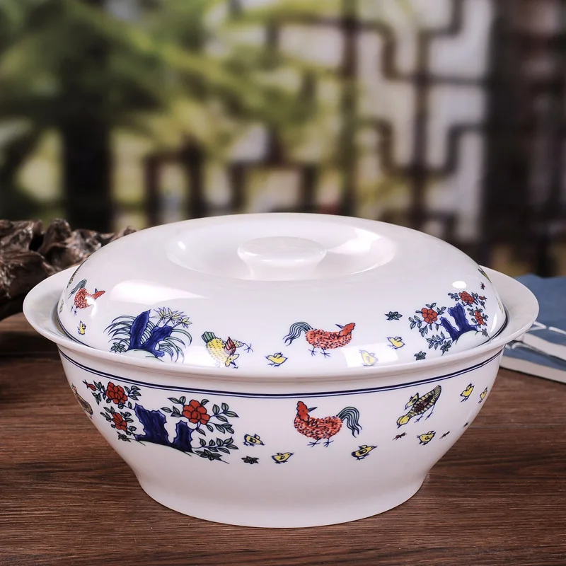 

Jingdezhen ceramics big soup bowl with cover soup bowl bone porcelain product pot with ear palace pot household soup pot