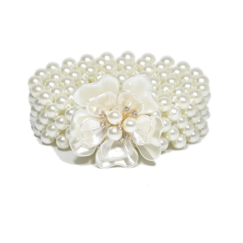 

2019 Luxury Handmade Multilayer Imitation Pearls Beaded Belt for Women Designer White Flower Buckle Waist Belts Dress Waistband
