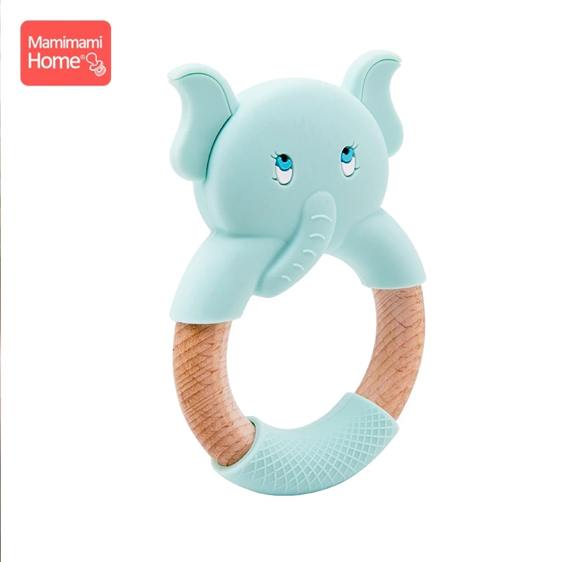 Mamihome Baby Wooden Teether Animal Ring Silicone Rodent Beech Wooden Blank Rabbit Ears baby products Toys Pacifier Pendant Gift - Цвет: mint Elephant Ring