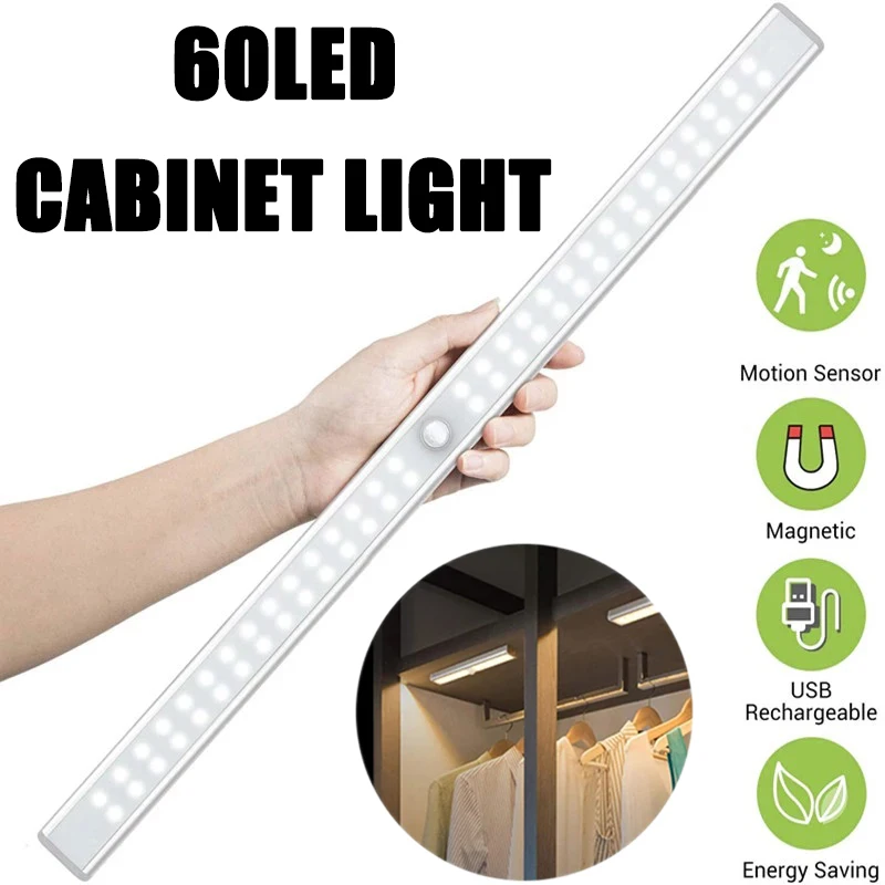 

60 LED Closet Light USB Rechargeable Under Cabinet Lightening Stick-on Motion Sensor Wardrobe Light with Magnetic Strip