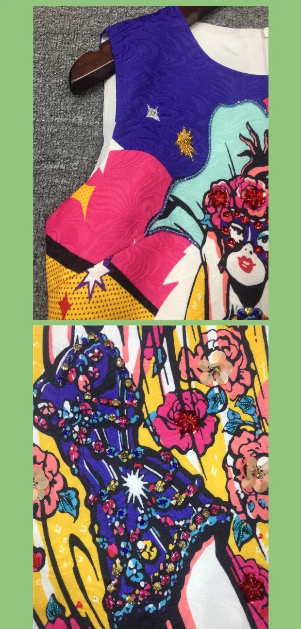 Дизайнерские Mulheres новые luco Lantejoulas Contas Flor Imprimir письмо Elegante da Festa Sem Mangas Vestidos мини Vestido