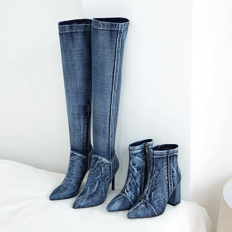 

Womens Denim Jeans Over The Knee Thigh& Ankle Boots Stilettos High Heel Pointed Toe Side Zipper Shoes Punk Motorcycle New