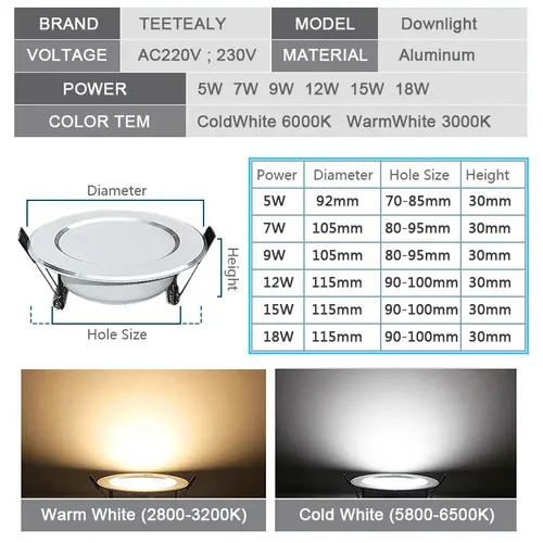 LED 통 방수 5W 7W 9W 12W 15W 조도 조절 가능한 천장 조명 매립형 램프 스포트 라이트 AC220V 230V 욕실 실내 조명 2