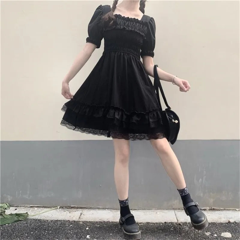 Japanese Lolita Style Women Princess Black Mini Dress Slash Neck High Waist Gothic Dress Puff Sleeve Lace Ruffles Party Dresses satin dress