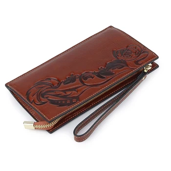 

High Quality Dark Yellow Color Coin Purse Leather Key Chain Pocket Luxury Female Floral Embossing Card Collections