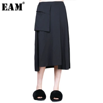 

[EAM] 2020 Spring Fashion Black Solid Asymmetrical Silhouette Pockets Split Joint Women Casual Half-body Skirts RA01401S