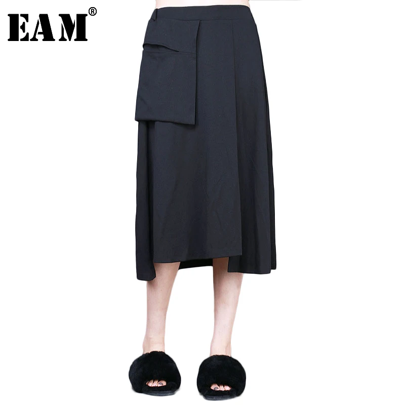 

[EAM] 2019 Spring Fashion Black Solid Asymmetrical Silhouette Pockets Split Joint Women Casual Half-body Skirts RA01401S