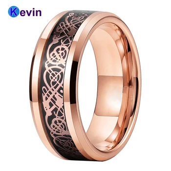 

Rose Gold Tungsten Ring Men Women Wedding Band With Black Carbon Fiber And Rose Gold Dragon Inlay 8MM Comfort Fit