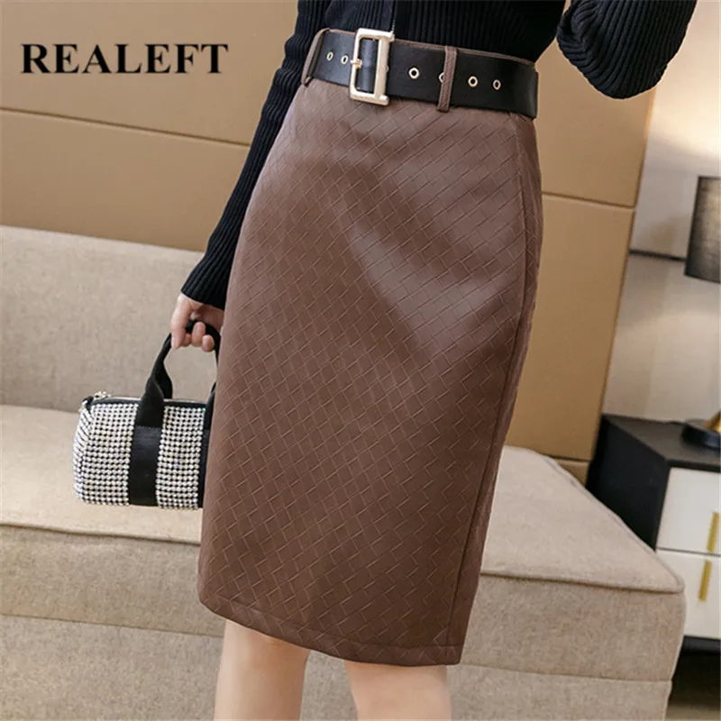 Realeft Winter Women's Pu Leather Skirts With Belt 2021 New Stylish