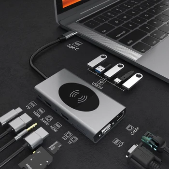 

14 in 1 USB C Hub Dual Hdmi Rj45 Vga Wireless Charging USB Hub 3.0 Adapter Dock for Pro USB Splitter