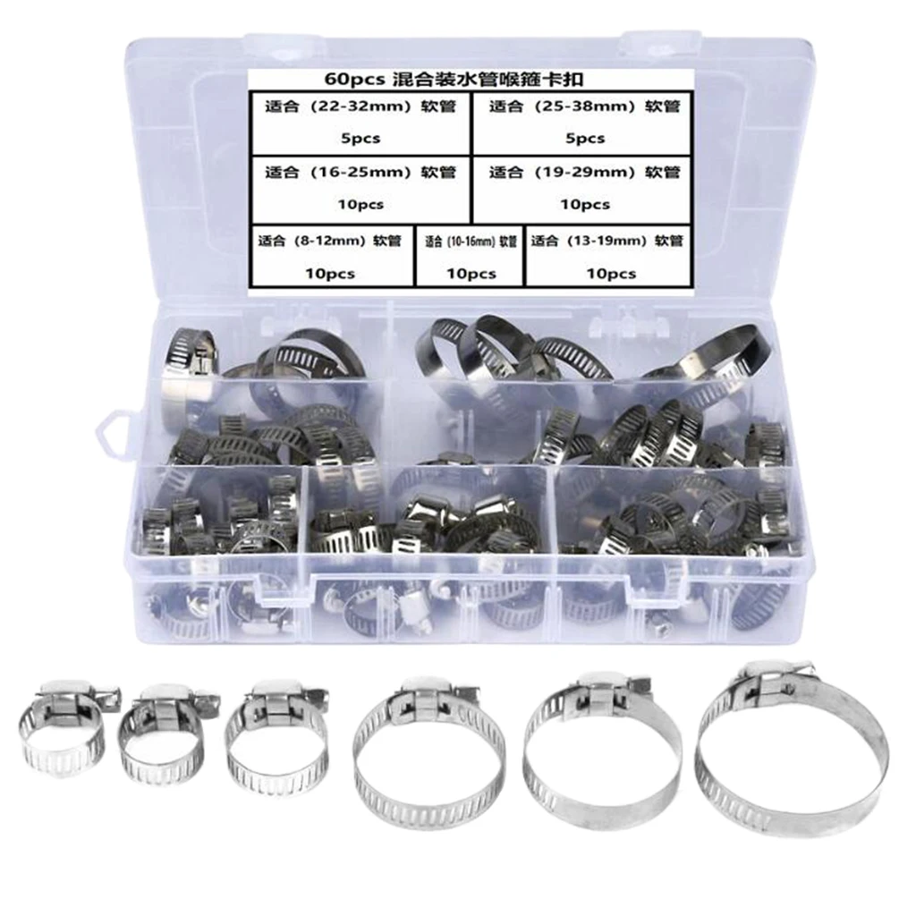 60Pcs Single Ear Hose Clamps Water Pipe Hose Clamp Mixed Assorted Set for Sealing Hose Stainless Steel