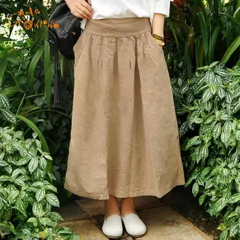 

2018 Spring Summer England Style Girls Vintage Skirt Elastic Waist Linen Original Pleated Long Skirt New Art Women Long Skirts