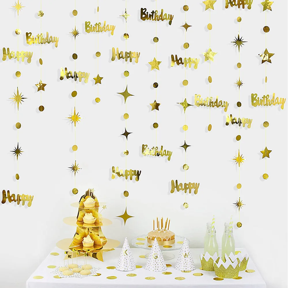 Rose Gold Happy Birthday Garlands Decorations Paper Circle Dots Star Hanging Streamer for 1st 16th 21st 30th 50th 70th Birthday