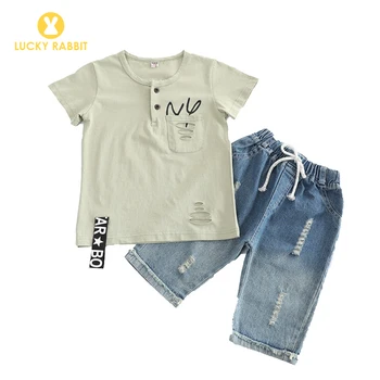 

2019 Fashion Cute Twin Beautiful Big Boy Clothes Funny Boutique Two-Piece Suit Ripped Jeans Children Clothes Boys Clothing Sets