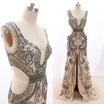 

MACloth Champagne Sweep Train O Neck Floor-Length Long Crystal Tulle Prom Dresses Dress L 268344 Clearance