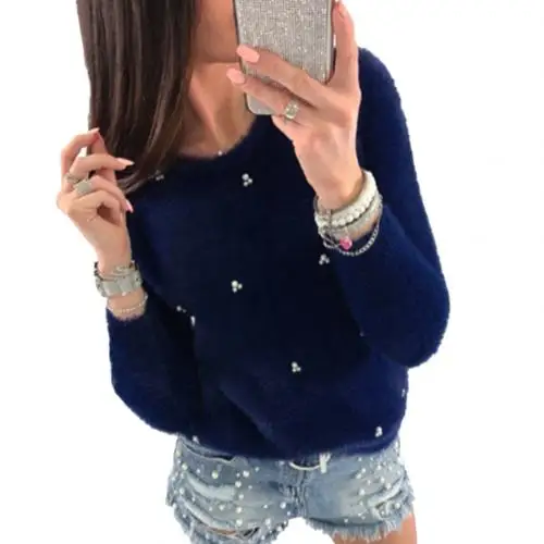 Dark Blue Самая низкая цена, плюшевый пуловер, теплый свитер, pull femme, осенний зимний свитер, женский модный свитер с искусственным жемчугом и бисером - Цвет: Dark Blue