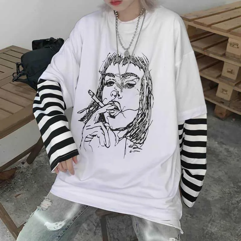 Белый NiceMix Harajuku футболка женская поддельная 2 шт. принт японский Fujiang Horror Comics рубашка с длинными рукавами женская Vetement Femme - Цвет: Белый