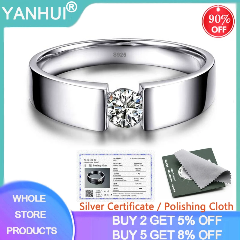 

YANHUI With Certificate Original 925 Silver Rings for Men 1 Carat Moissanite Rings Wedding Band Male Finger Ring Fine Jewelry