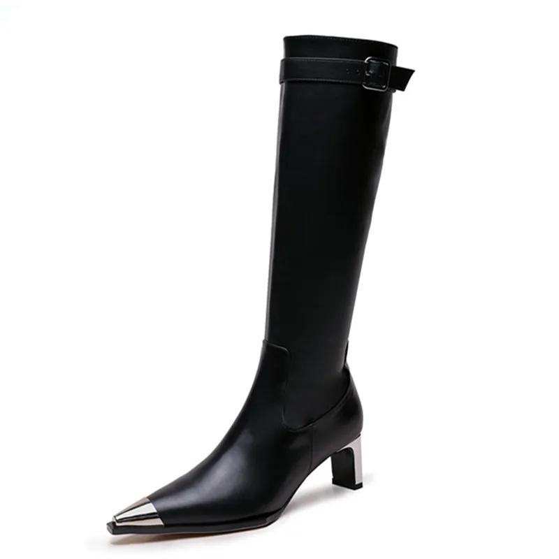 New Brand Genuine Autumn Winter Quality Genuine Leather Slip Women Knight Boots Punk Pointed Toe High Heels Party Boots