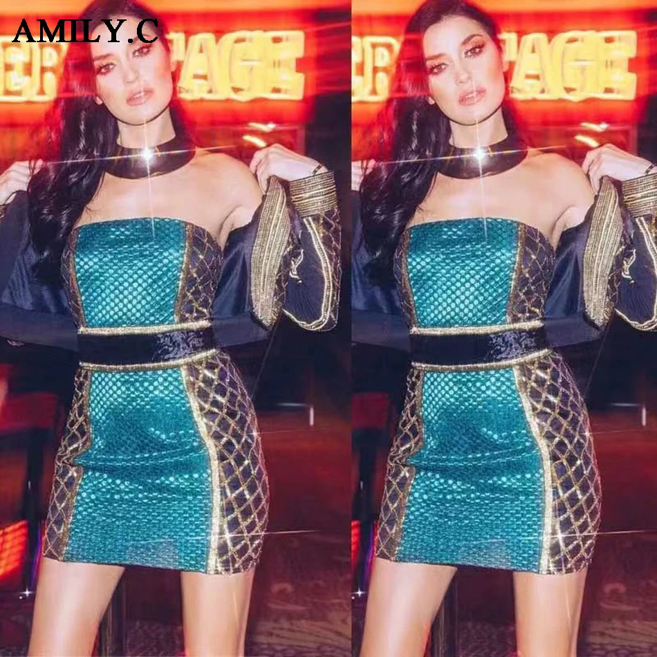 Amily. C2019 осеннее новое женское сексуальное Бандажное платье без бретелек синего и красного цвета, облегающее элегантное Клубное платье знаменитостей vestidos