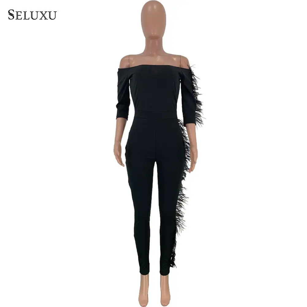 Seluxu, сексуальный комбинезон, женский, модный, Одноцветный, боди, на одно плечо, с рюшами, кружева, длинные штаны, комбинезон, праздничная Клубная одежда