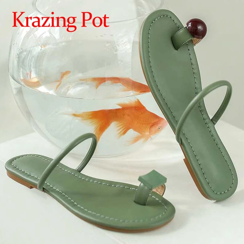 

Krazing Pot summer genuine leather round toe low heels young lady solid beauty lady bling flip flop slip on women sandals L42