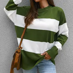 Весна-Осень 2020, женский свитер в крупную полоску, вязаный, свободный, повседневный, в полоску, цветной, в стиле пэчворк, вязаные свитера